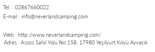 Never Land Camping telefon numaralar, faks, e-mail, posta adresi ve iletiim bilgileri